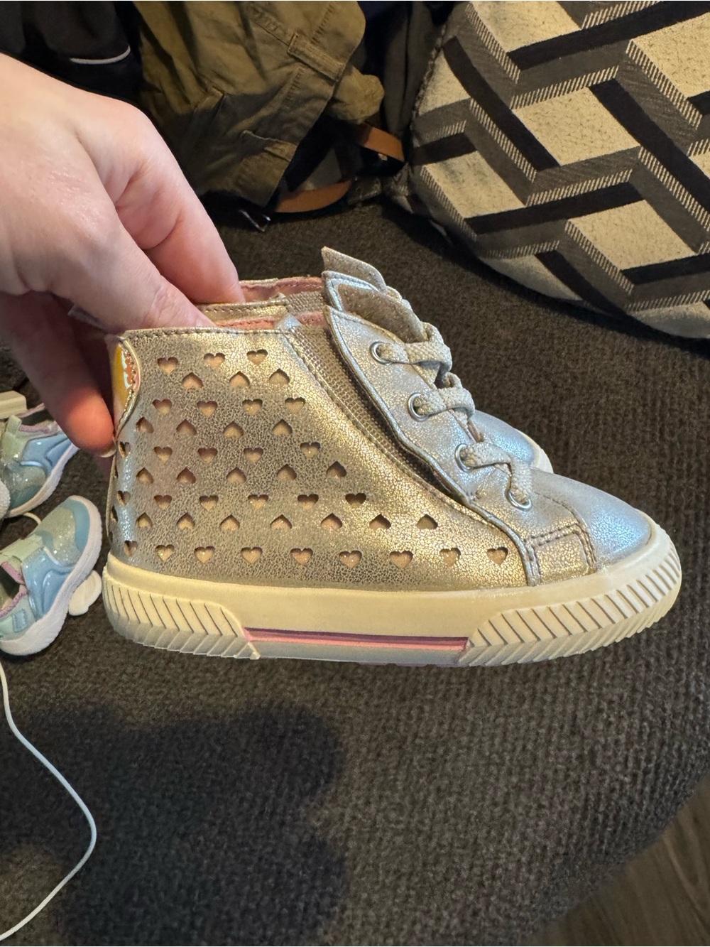 Kids Metallic Silver High-Top Sneakers with Heart Cutouts